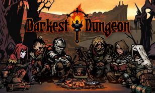 The Darkest Dungeon heroes resting around a campfire.