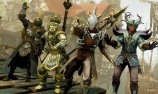 New World characters wearing armor and cosmetics emoting